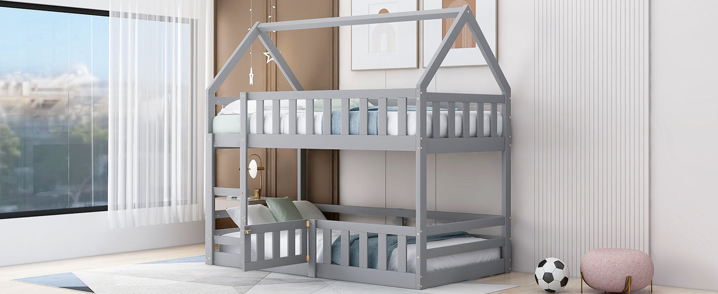 Twin House Bunk Bed with Gray Fence and Door