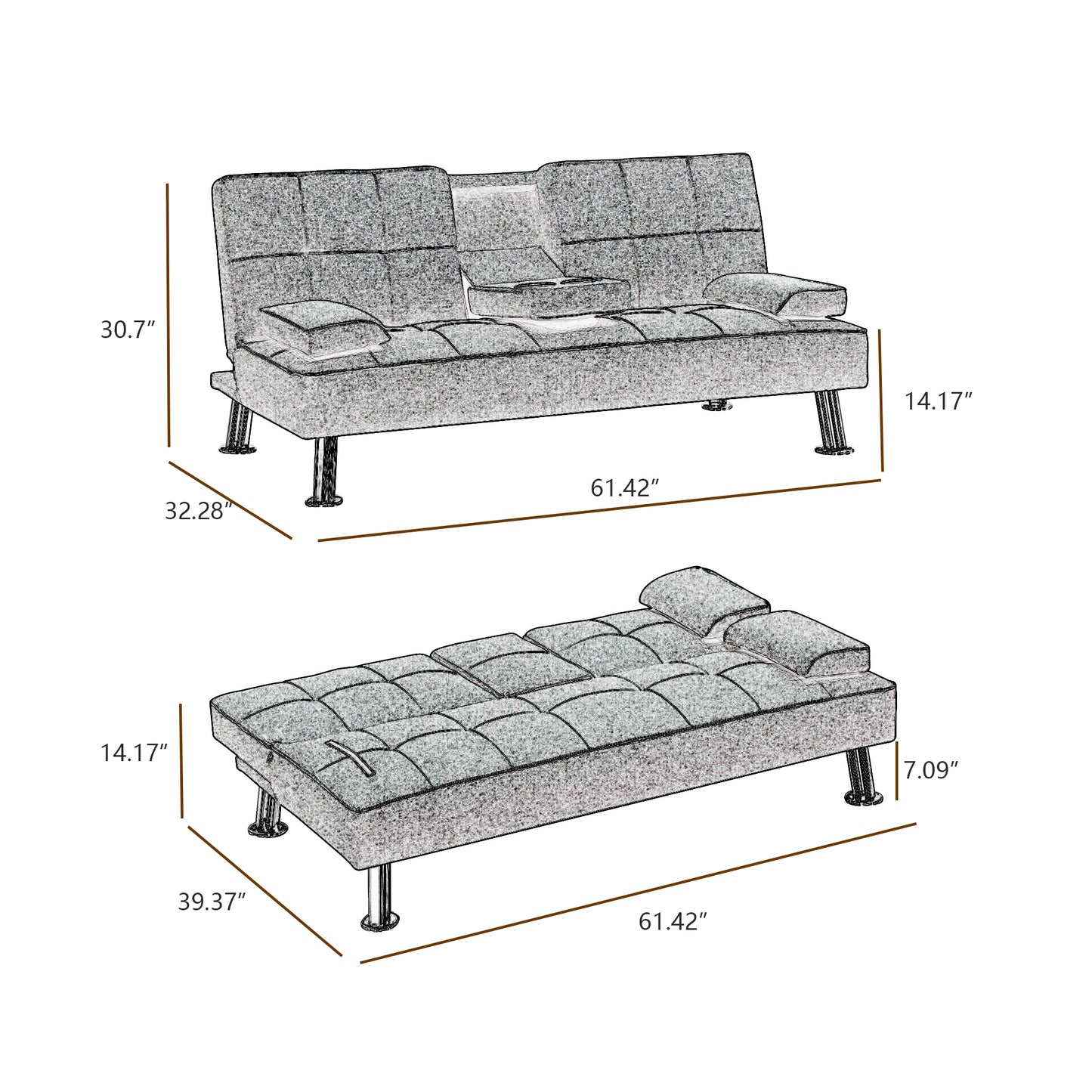 Modern Convertible Folding Futon Sofa Bed with2 Cup holders , Fabric Loveseat Sofa Bed with Removable Armrests and Metal Legs .