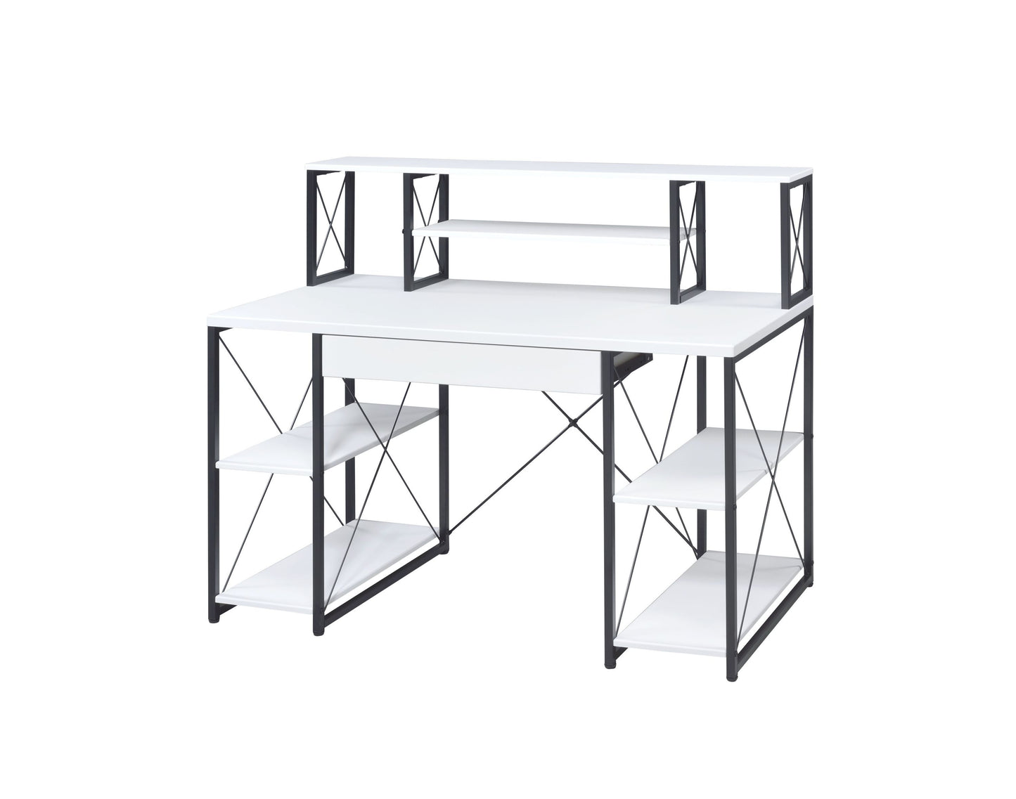 Modern Music Recording Studio Desk with White & Black Finish and Ample Storage