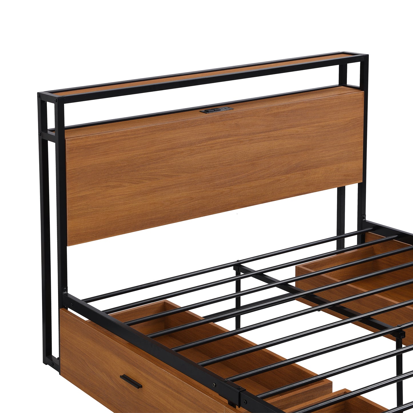 Full Size Metal Platform Bed Frame with  Four Drawers,Sockets and USB Ports ,Slat Support No Box Spring Needed Black