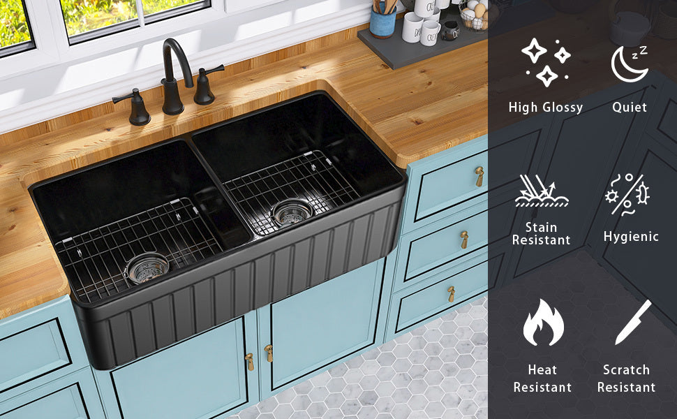 Black Double Bowl Fireclay Farmhouse Kitchen Sink