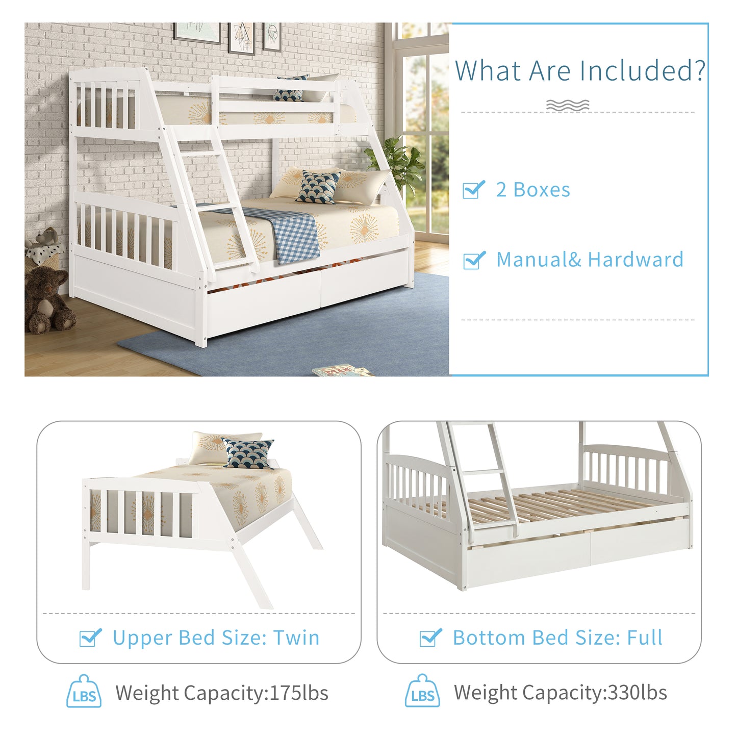 Solid Wood White Twin Over Full Bunk Bed with Two Storage Drawers