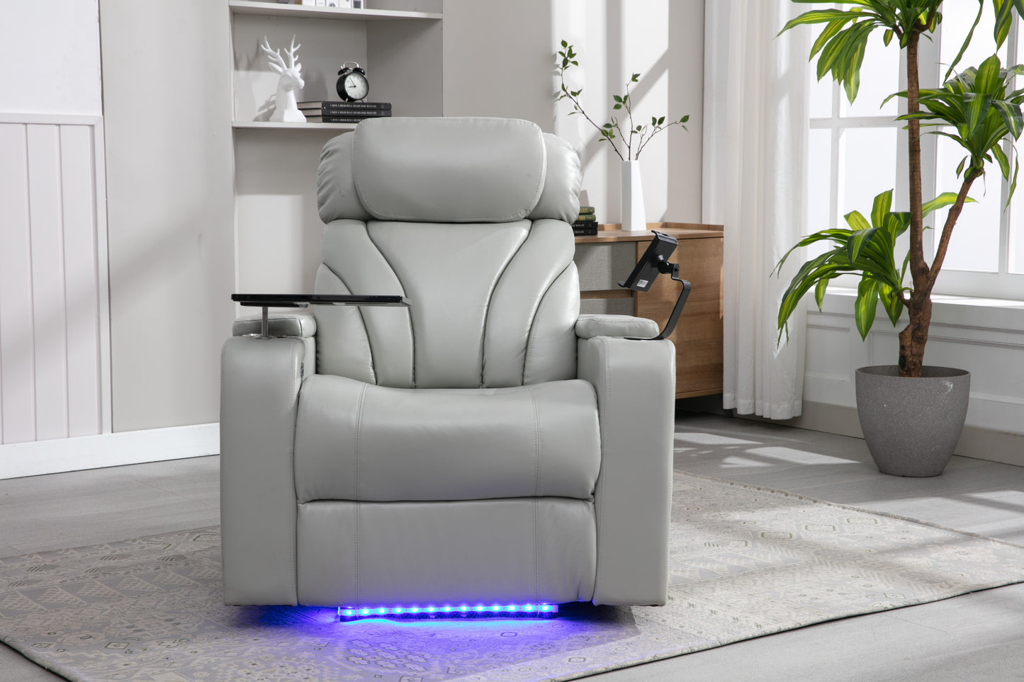 Ergonomic Power Motion Recliner with USB Charging and Hidden Storage, Home Theater Seating with Stereo and Cup Holder (Light Grey)