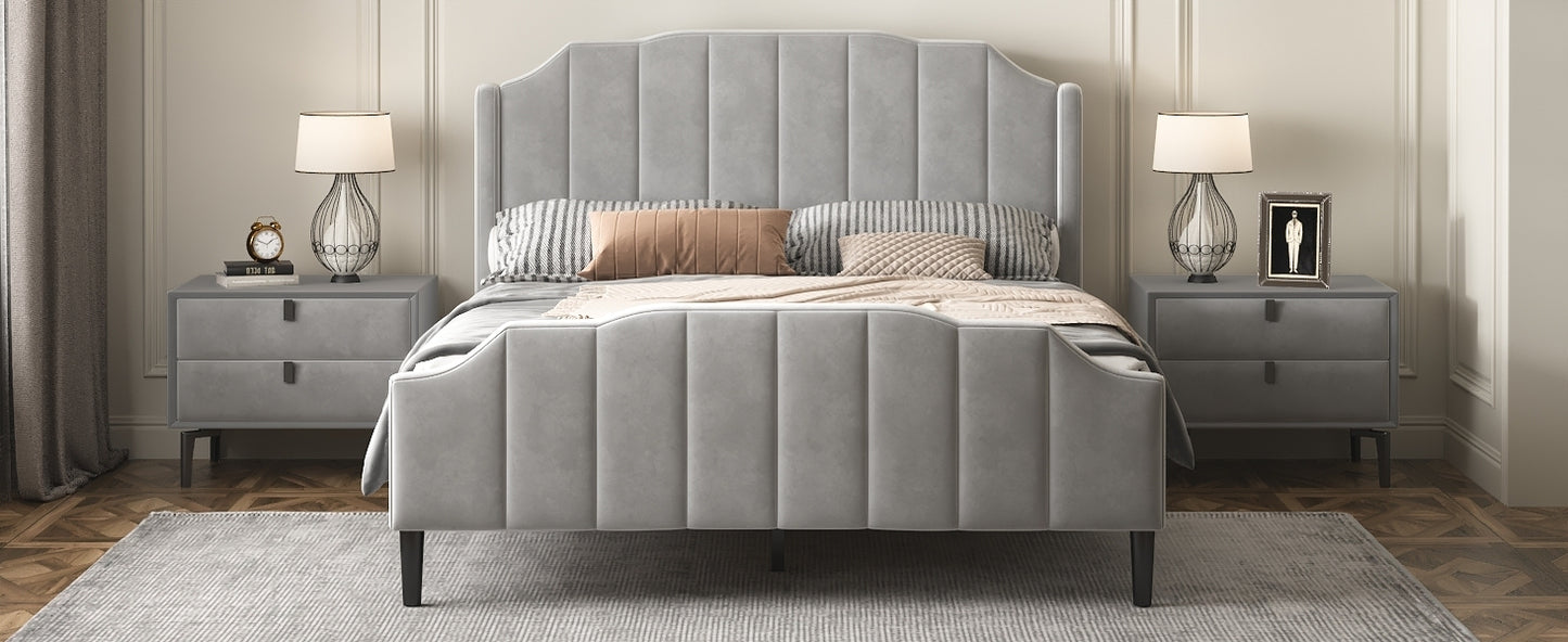 Queen Size Upholstered Platform Bed with Headboard and Footboard,No Box Spring Needed, Velvet Fabric,Gray