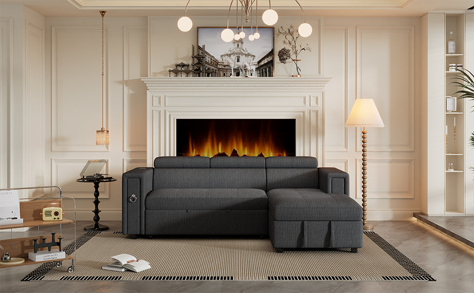 Versatile 96 L-Shape Sectional Sofa with Wireless Charging and Hidden Storage in Grey Linen