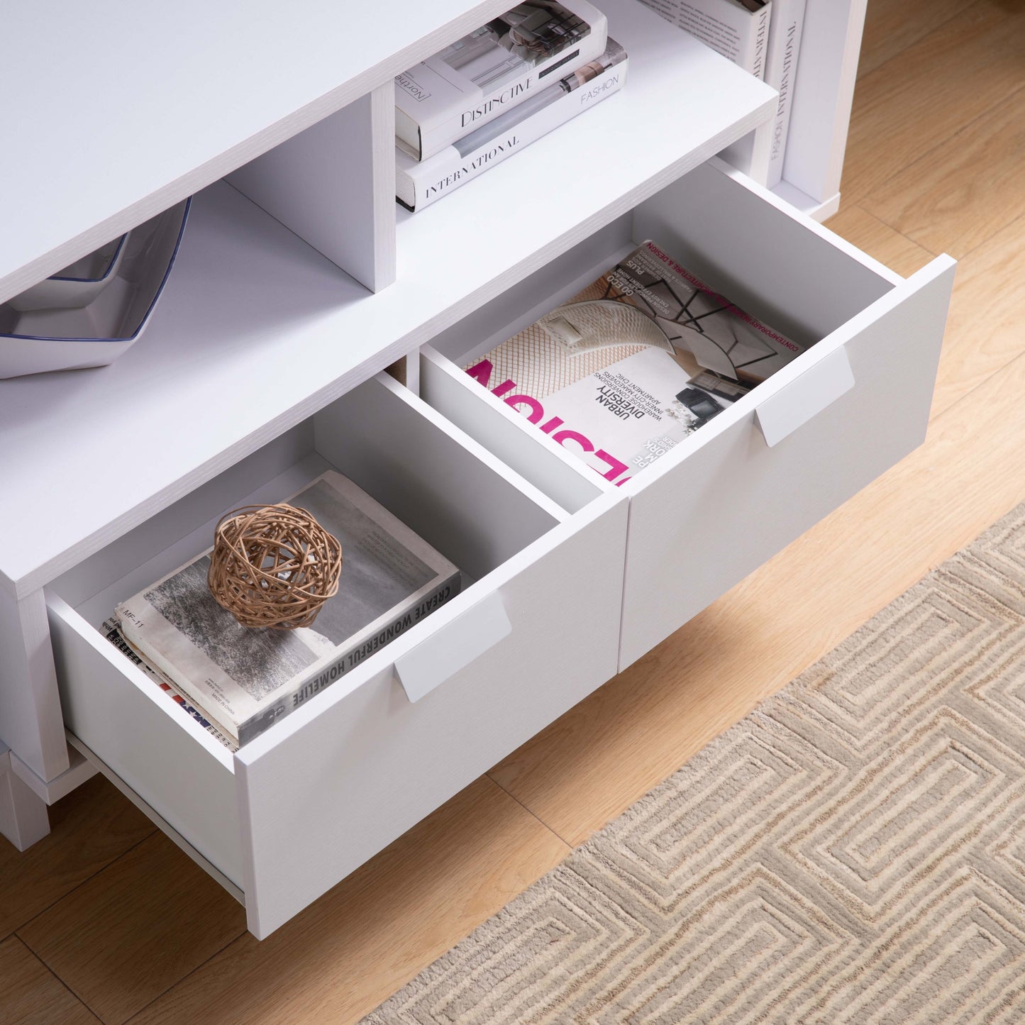 Elegant White TV Stand with Drawers and U-Legs