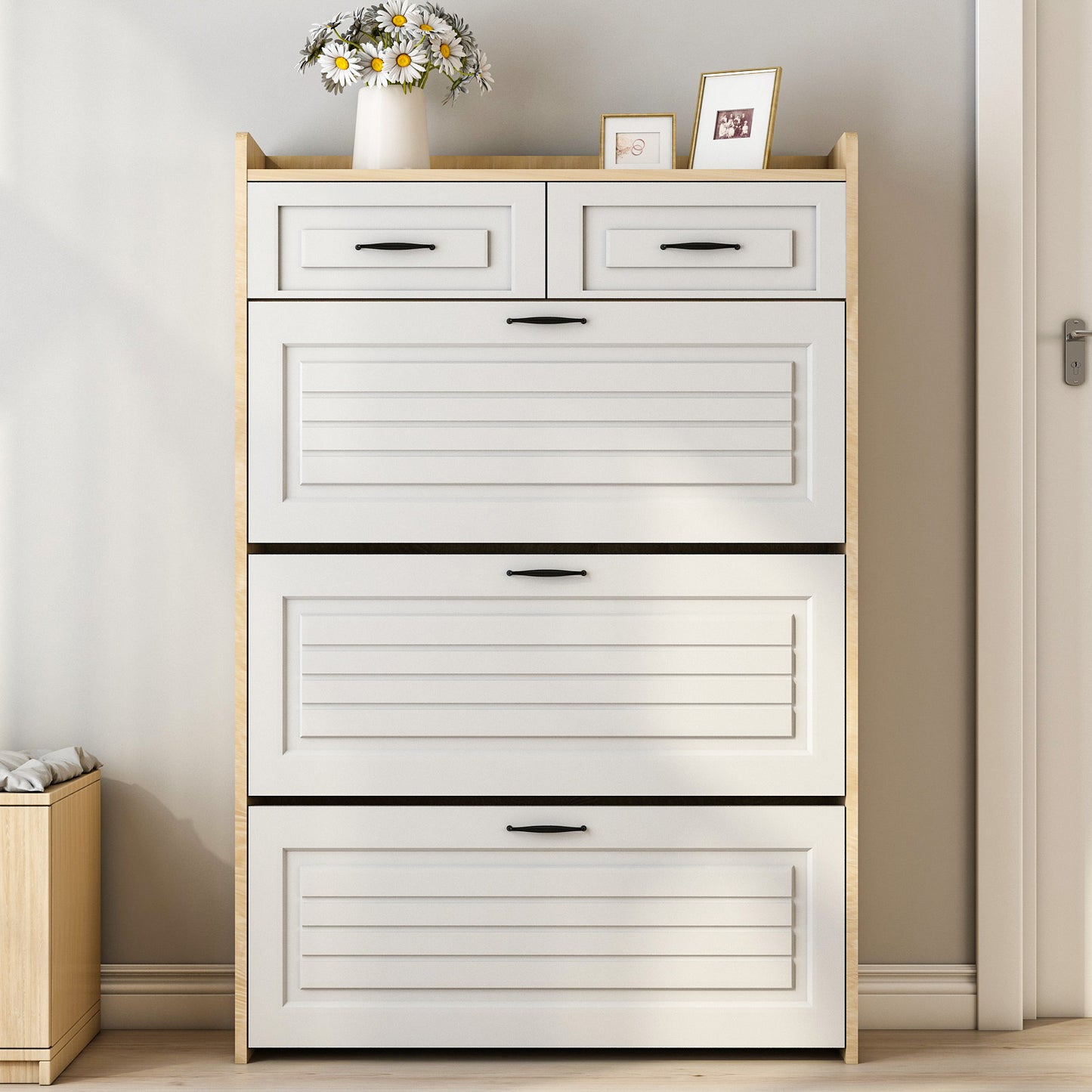 White +Oak Color shoe cabinet  with 3 doors 2 drawers,PVC door with shape ,large space for storage