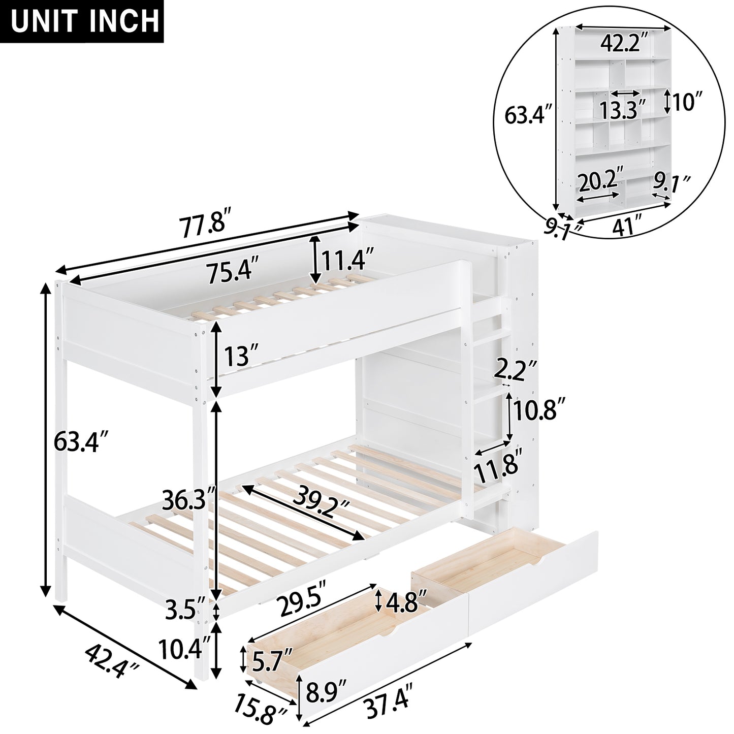 White Bunk Bed with Storage Drawers and Cabinet for Twin Size