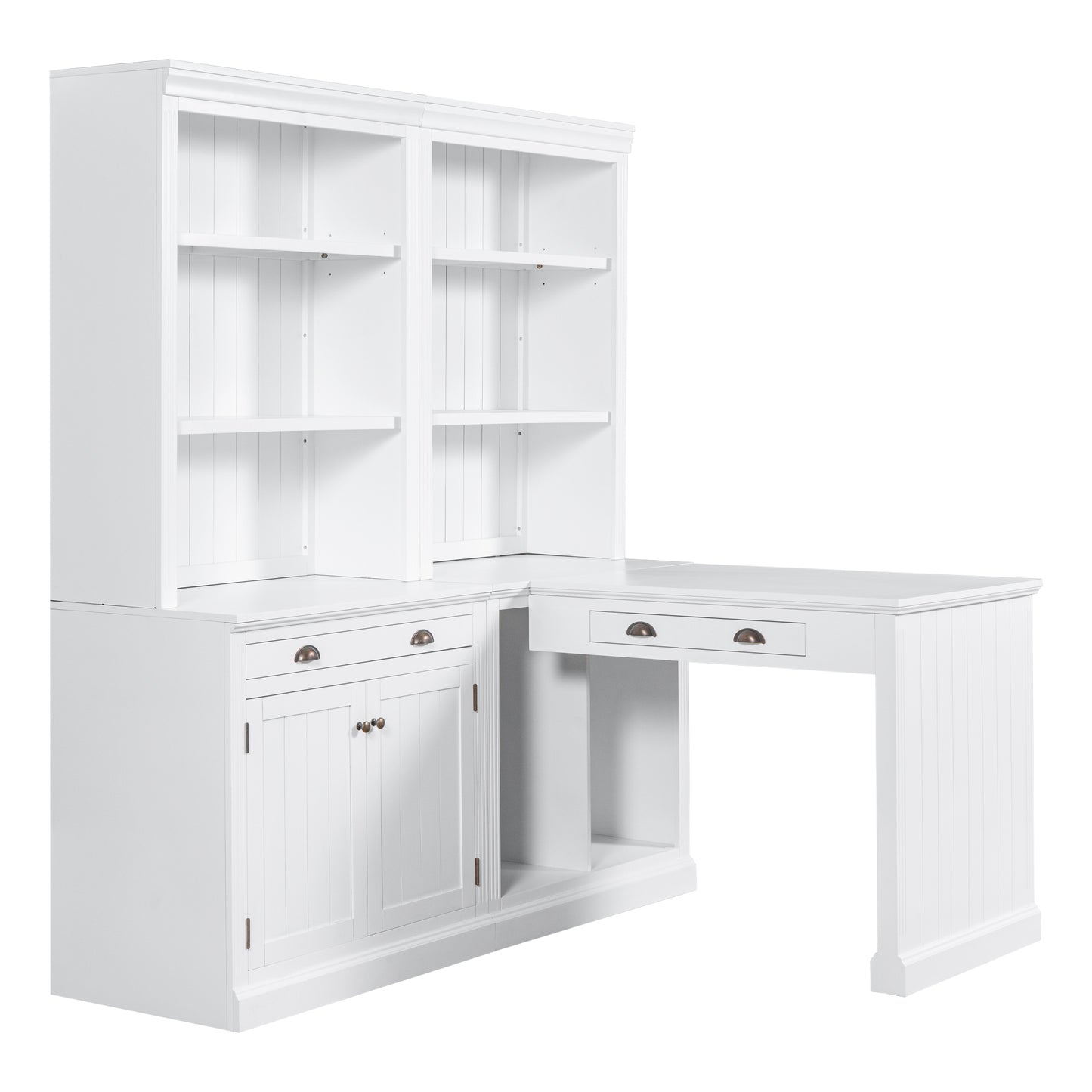 83.4 Tall 2-Piece White Bookshelf & Writing Desk Set with LED Lighting, Storage Drawers, and Doors