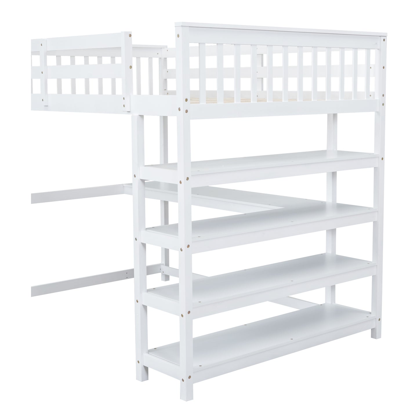 Full Size Loft Bed with Storage Shelves and Under-bed Desk, White