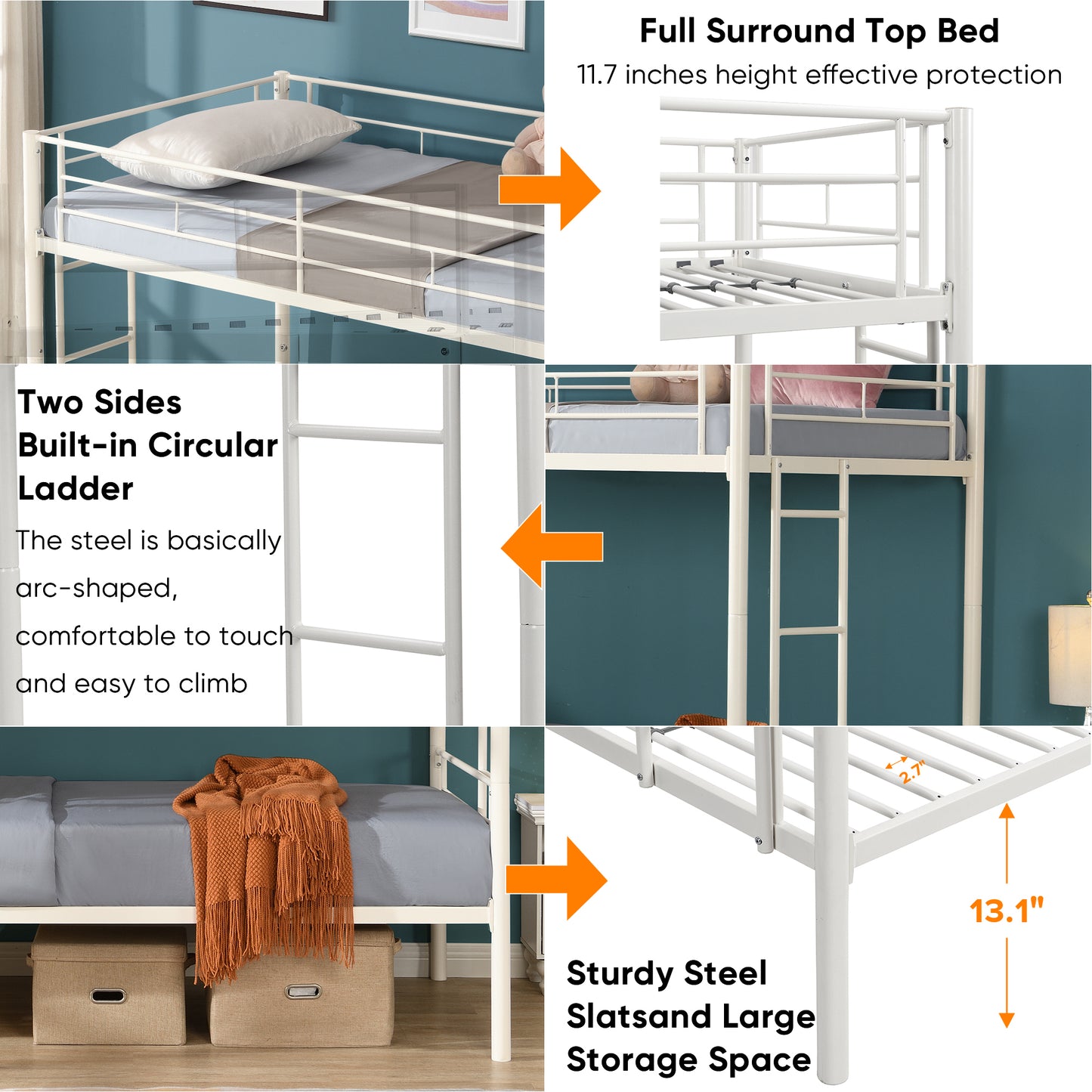 White Metal Convertible Twin Bunk Bed with Safety Guardrails and 2 Ladders