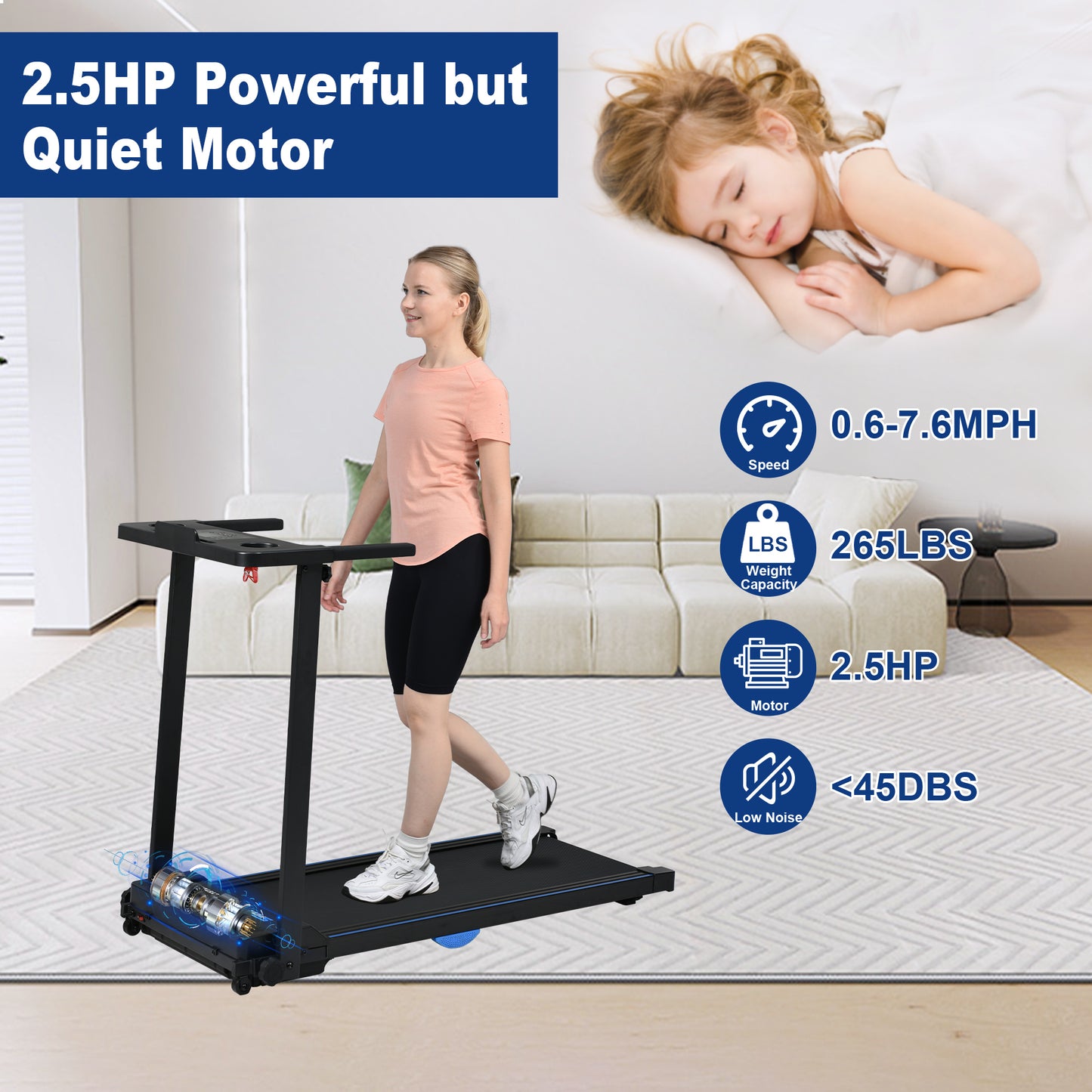 Electric Treadmill Foldable Exercise Walking Machince for Home/Office LCD Display, Peak 2.5HP, 0.6-7.6MPH, Compact Folding Easy Assembly 12 Preset Program, 265LBS