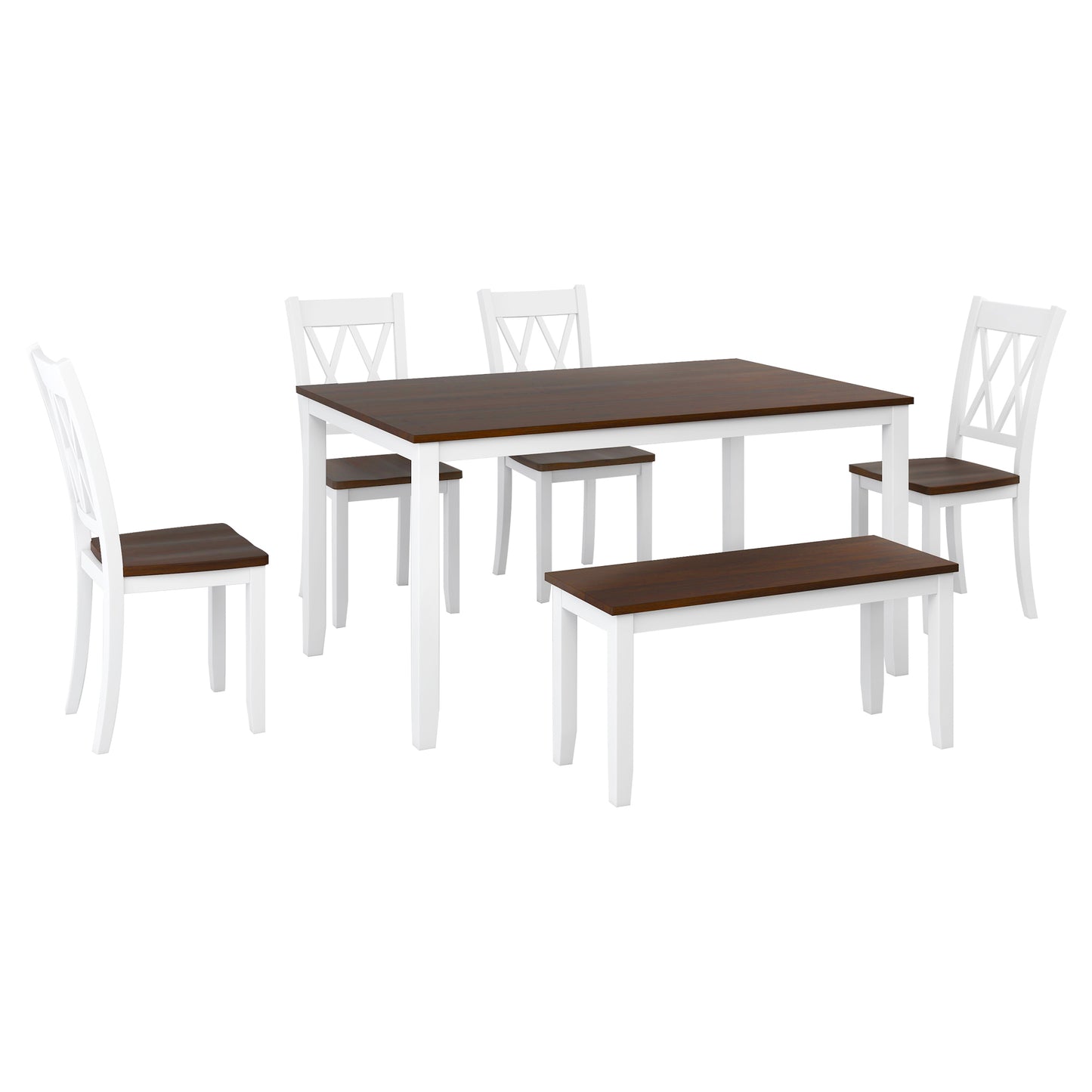 6-piece Wooden Kitchen Table set, Farmhouse Rustic Dining Table set with Cross Back 4 Chairs and Bench,White+Cherry