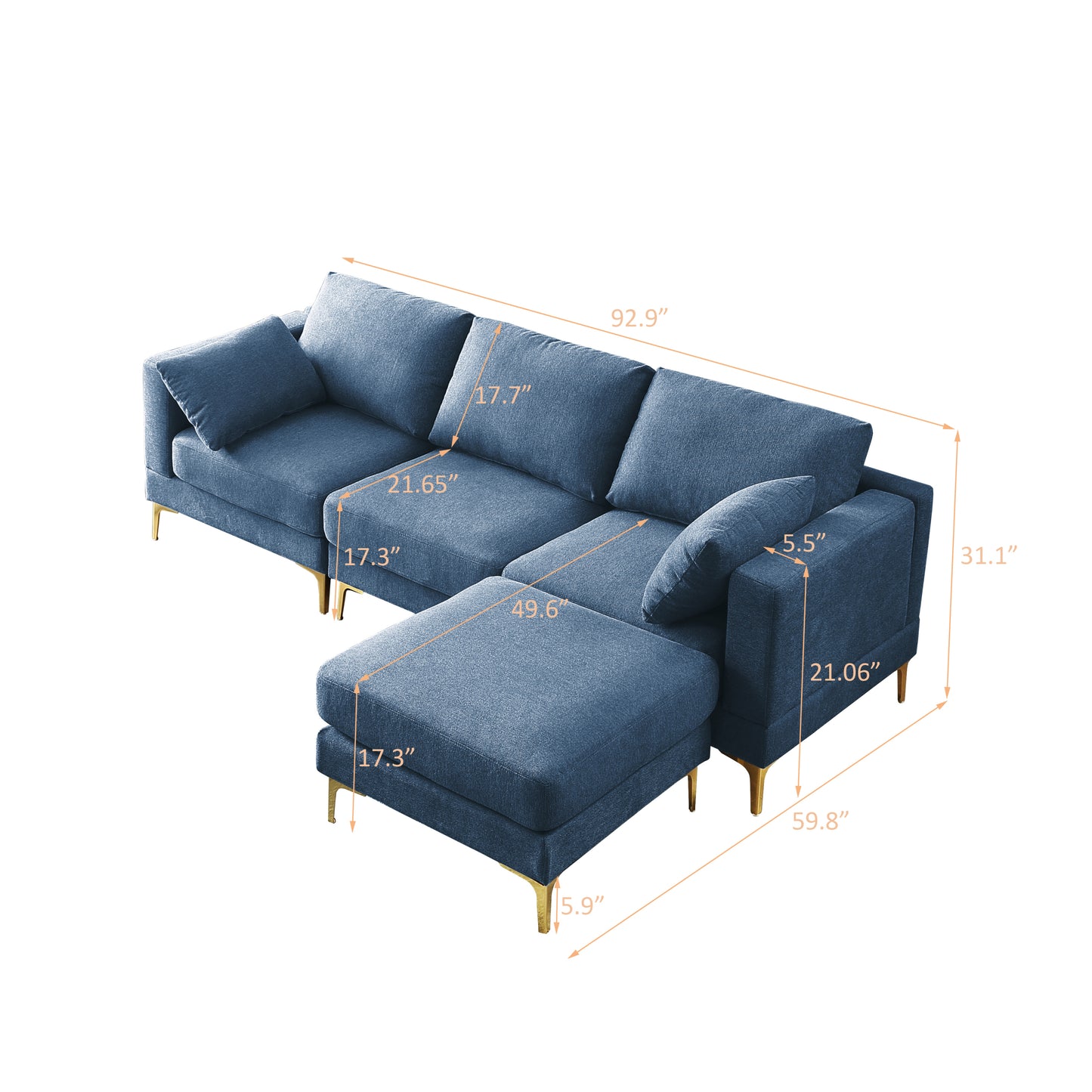 ADF Living Room Furniture Modern Leisure L Shape Couch Blue Fabric