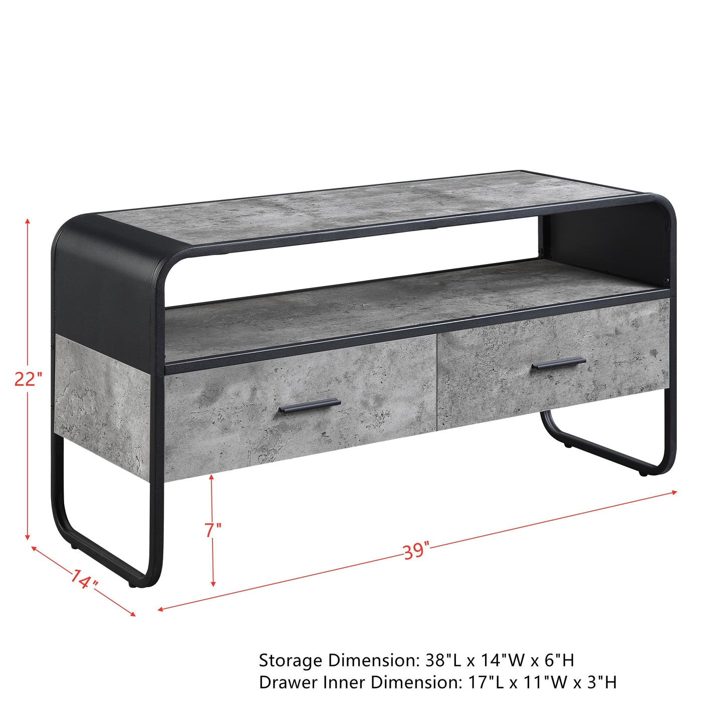 Modern TV Stand with Faux Concrete Shelves in Gray & Black Finish