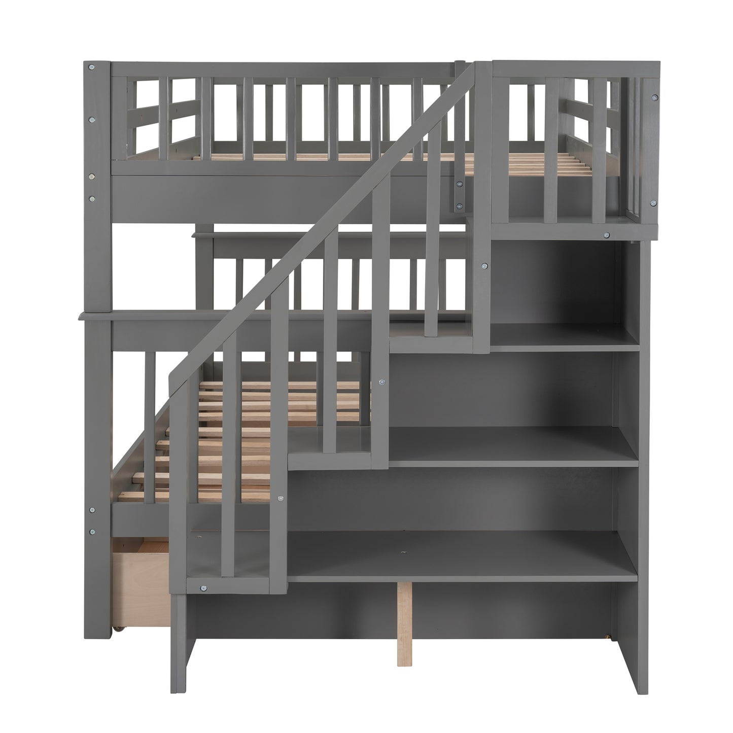 Gray Full-Over-Full Bunk Bed with Staircase, Drawer, and Storage