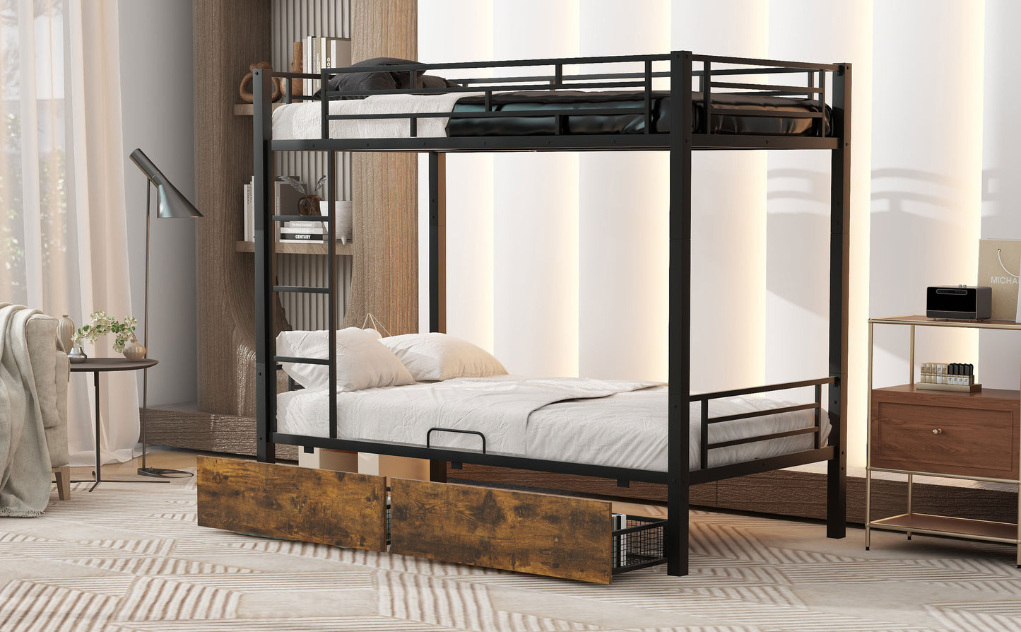 Black Twin Metal Bunk Bed with Underbed Storage Drawers