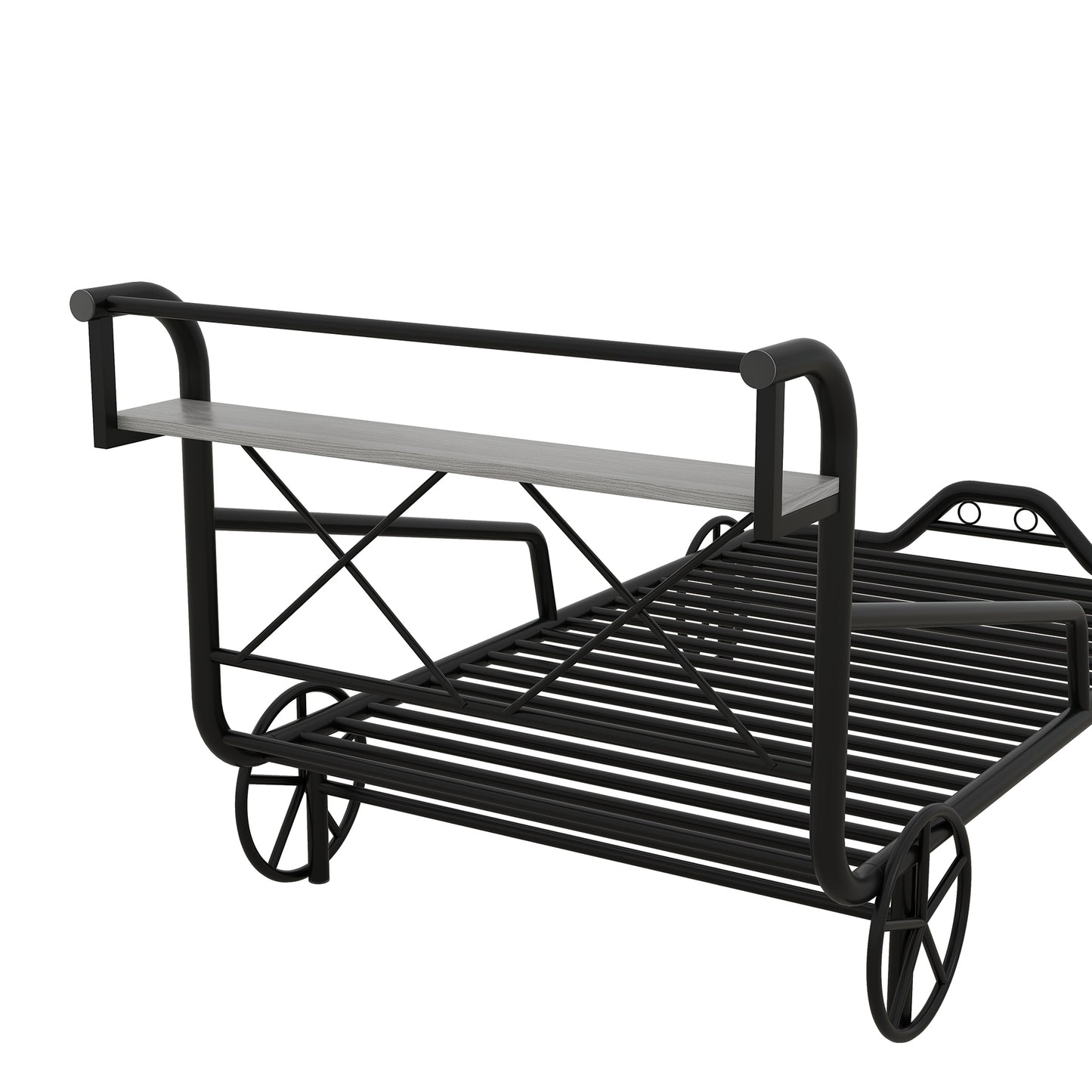 Twin Size Metal Car Bed with Four Wheels, Guardrails and  X-Shaped Frame Shelf, Black(: MF297599AAB)