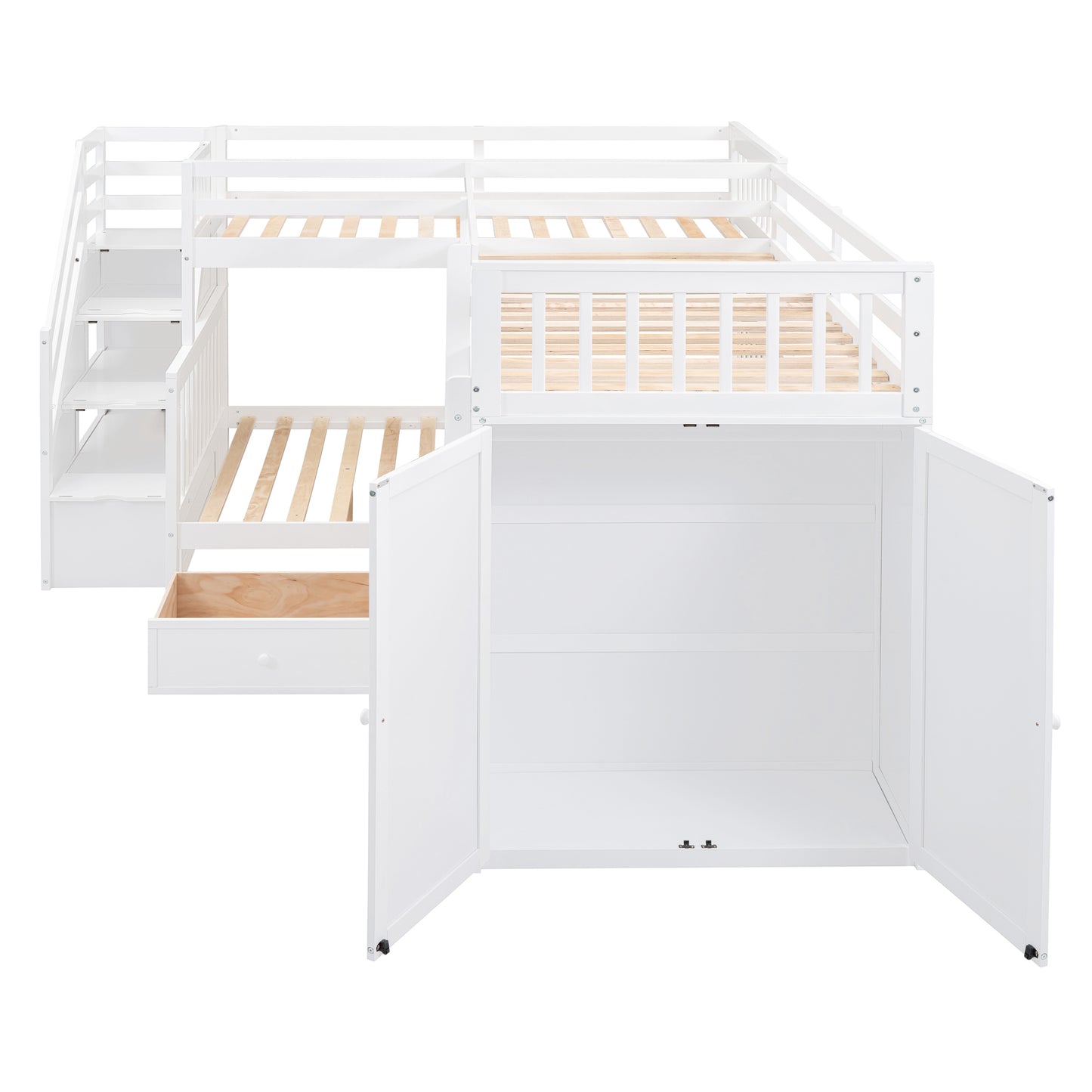 L-Shaped Bunk Bed Set with Desks, Wardrobe, Drawers, White - Space-Saving Sleepover Solution