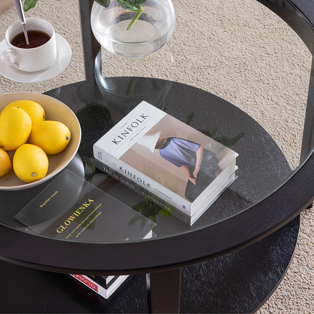 Round Glass Top Solid Wood Storage Coffee Table in Black with Double-Deck Design and Family Safety Protection