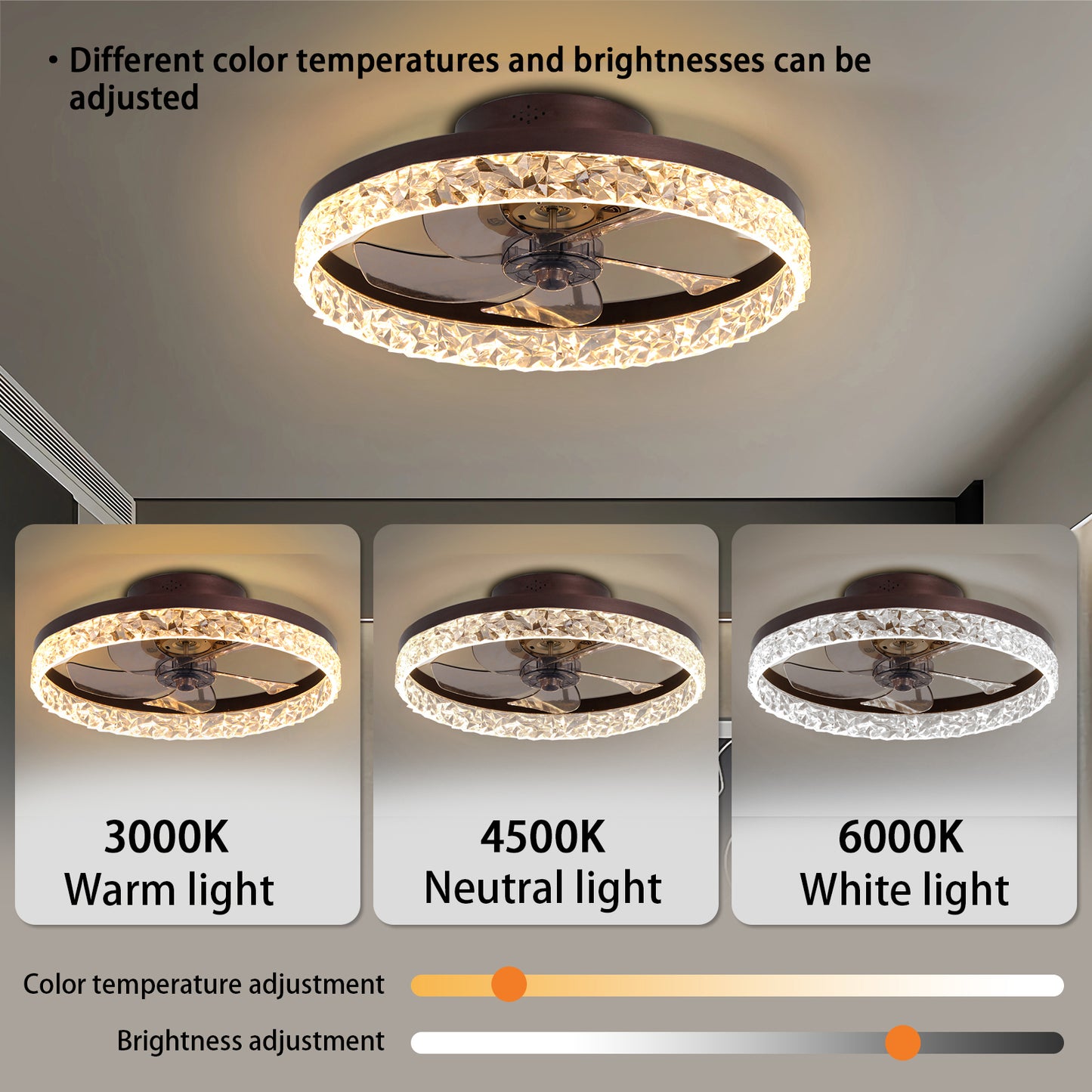 Modern Brown Acrylic Ceiling Fan with Dimmable LED Light and Remote Control, 6 Speeds, Reversible Blades, 20