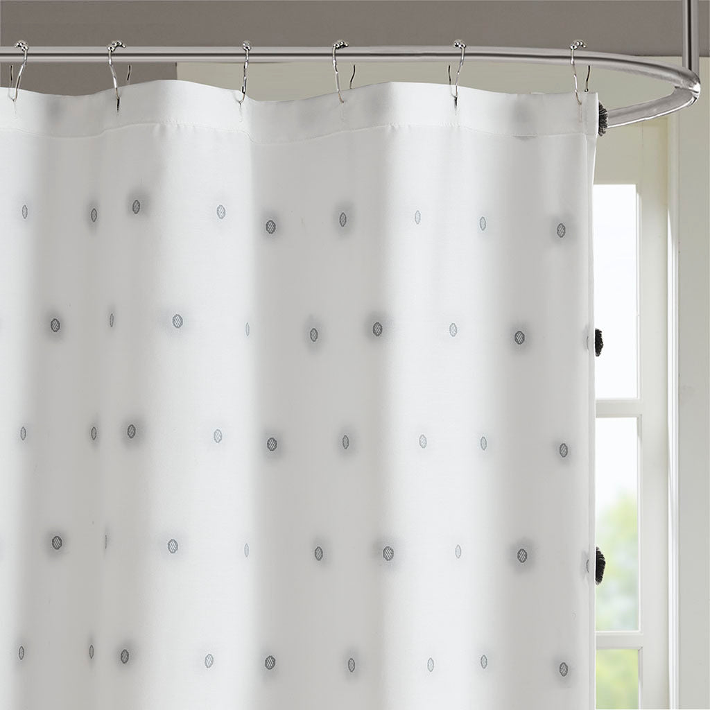 Black Cotton Shower Curtain with Soft Black Pom Pom Design