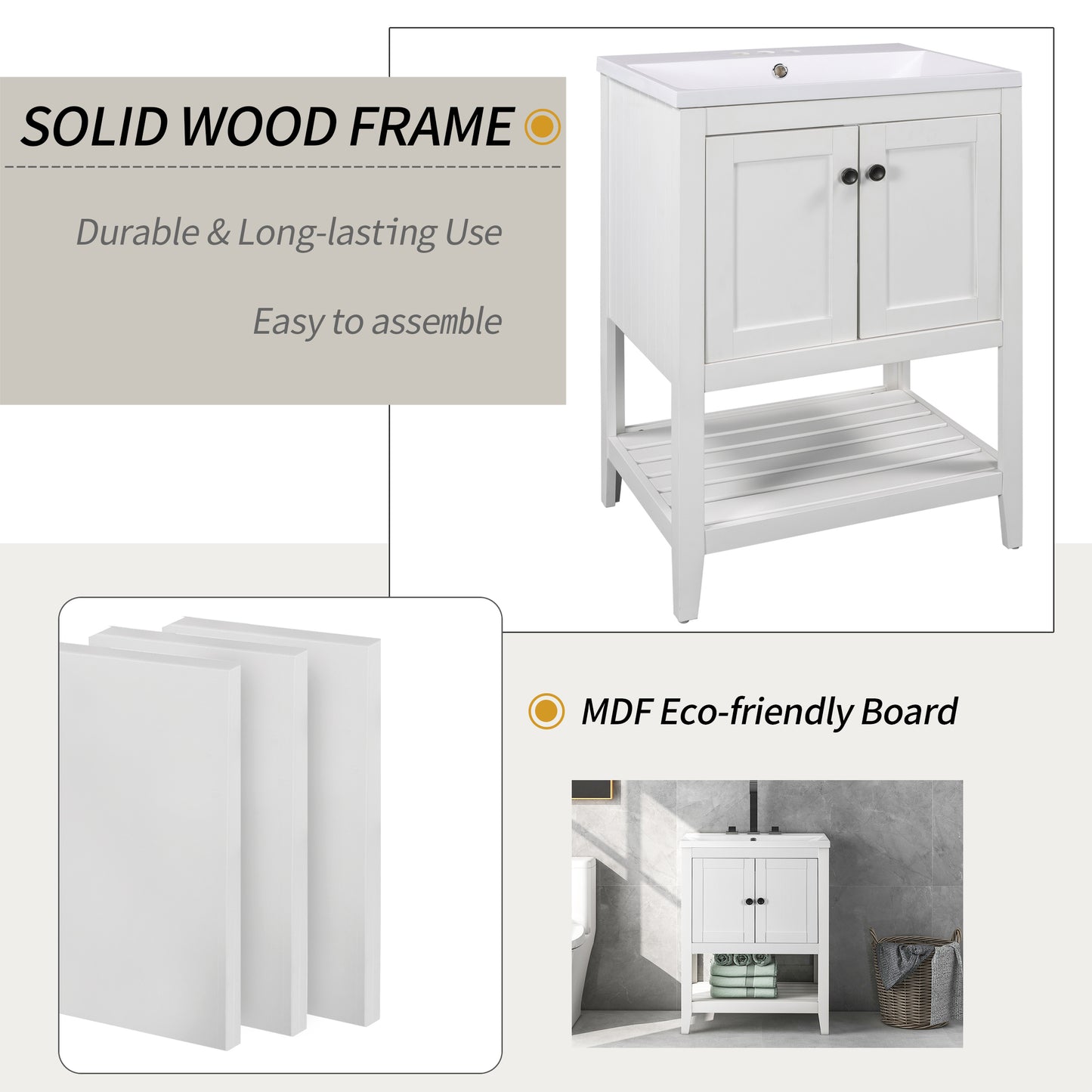 24" Bathroom Vanity Base Only, Soild Wood Frame, Bathroom Storage Cabinet with Doors and Open Shelf, White