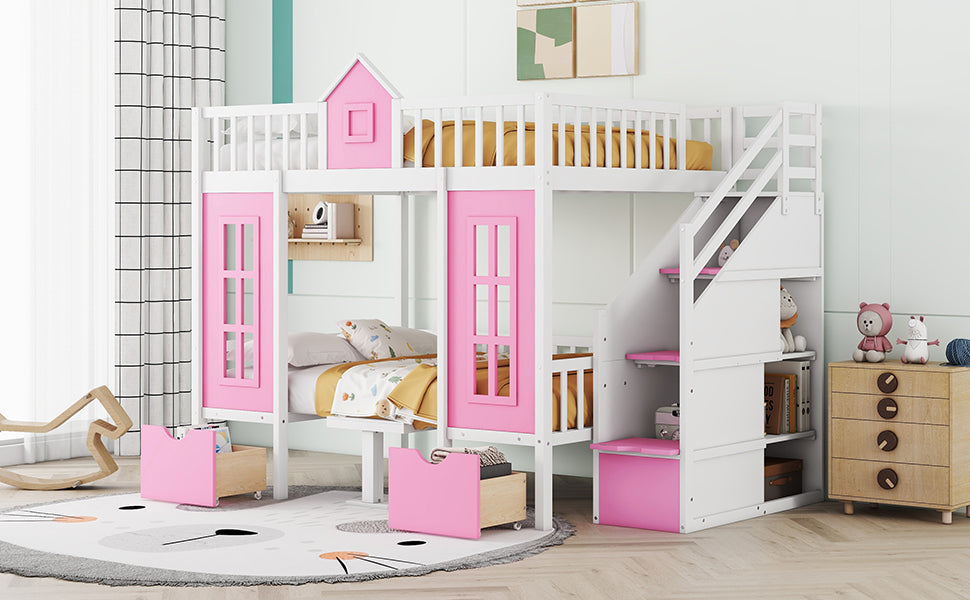 Pink Full-Over-Full Bunk Bed with Multi-Functional Table