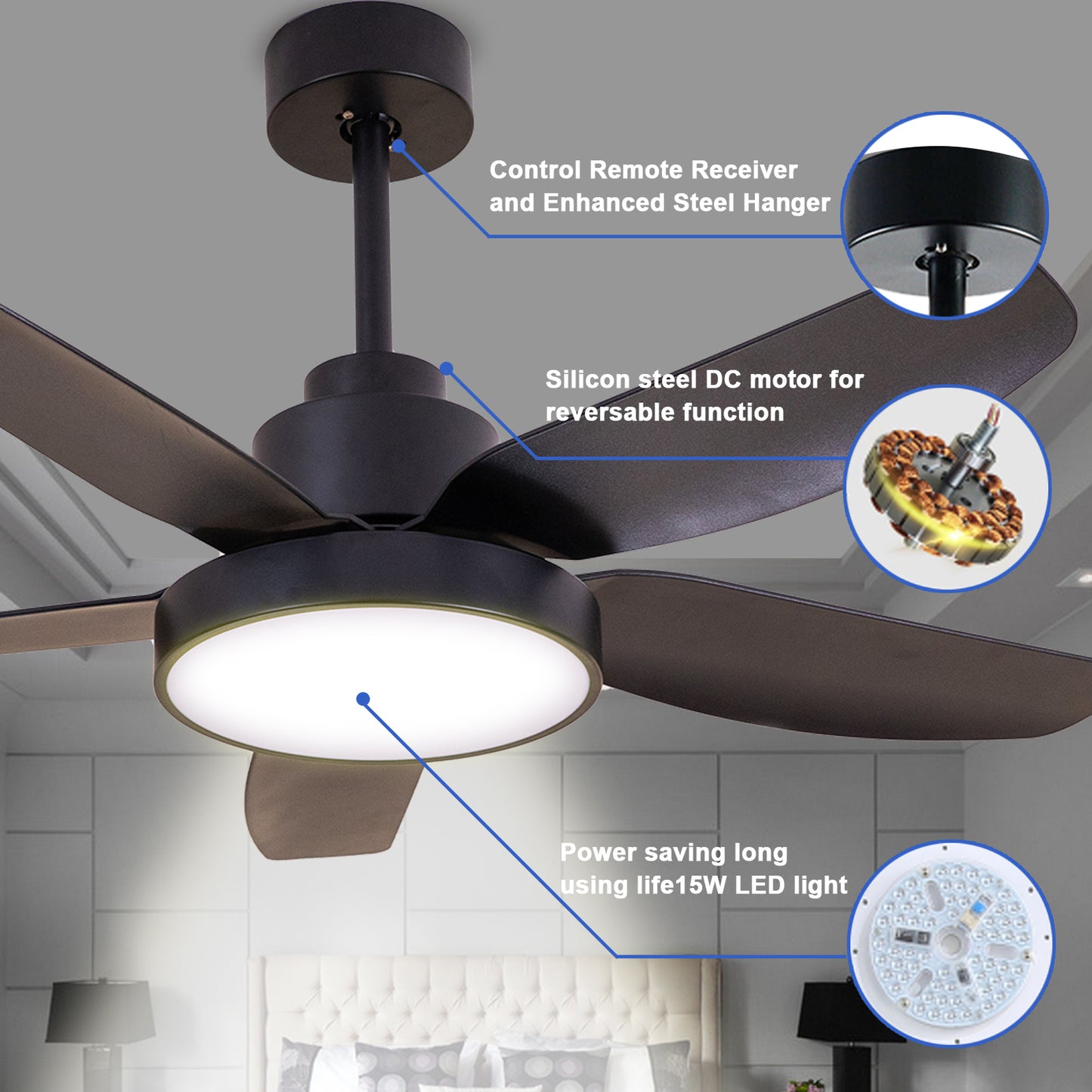 46 Inch Black Ceiling Fan with Dimmable LED Lights