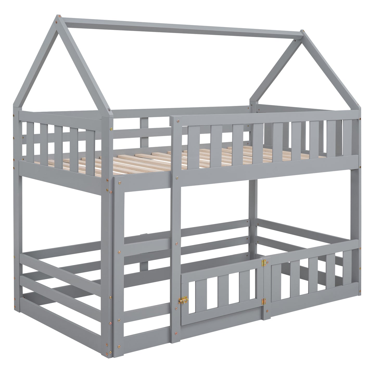 Twin House Bunk Bed with Gray Fence and Door