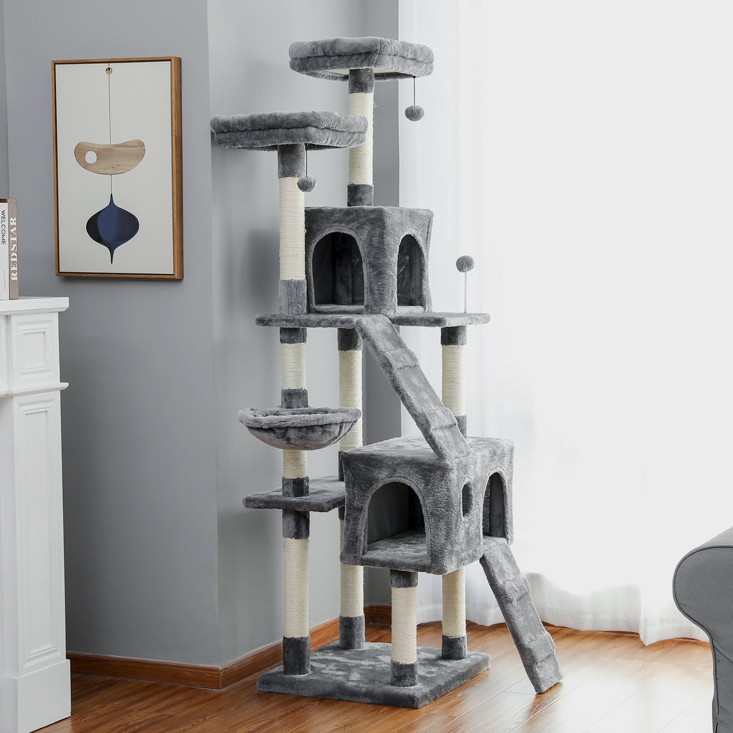 Cat Tree 69 Inches Cat Tower with 2 Condos and 2 Perches, Kitty Climber Tower Furniture, Upgraded Version Grey