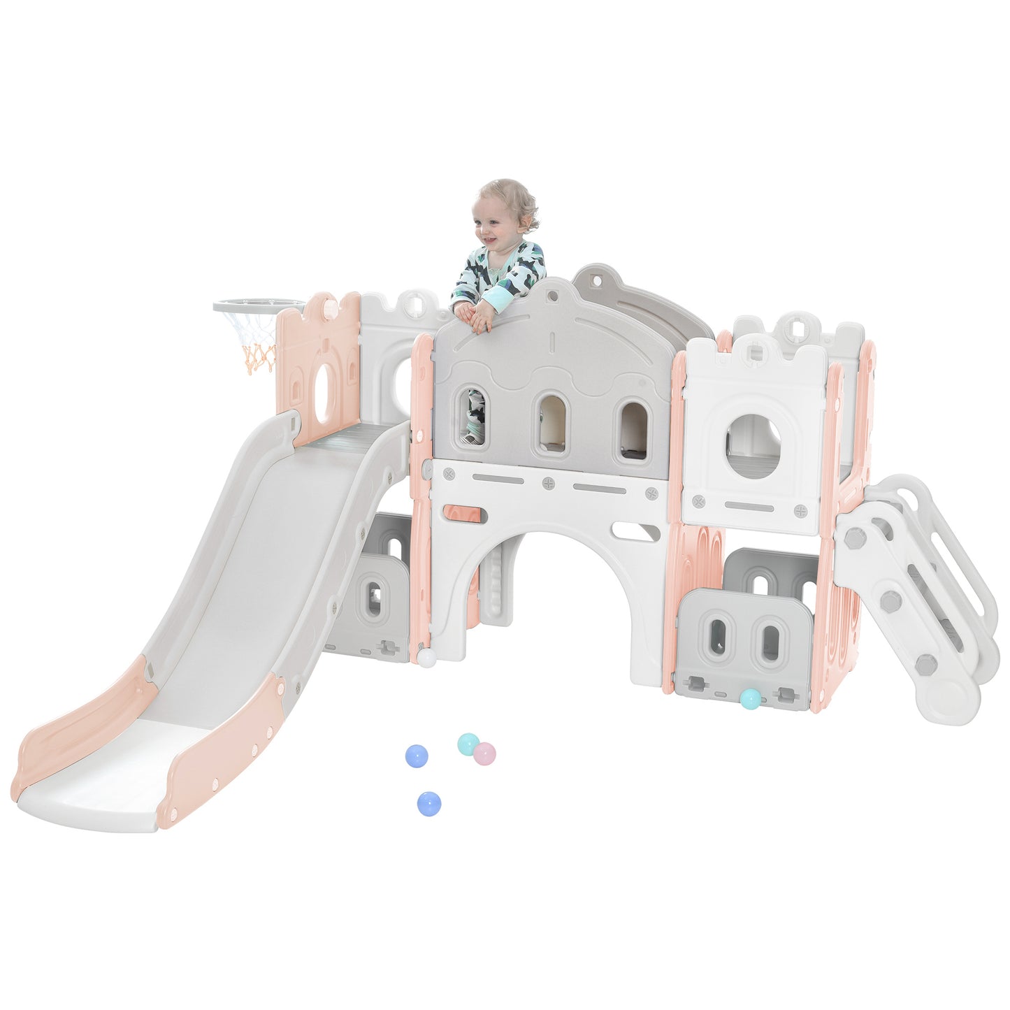 Kids Slide Playset Structure, Freestanding Castle Climber with Slide and Basketball Hoop, Toy Storage Organizer for Toddlers, Kids Climbers Playhouse for Indoor Outdoor Playground Activity