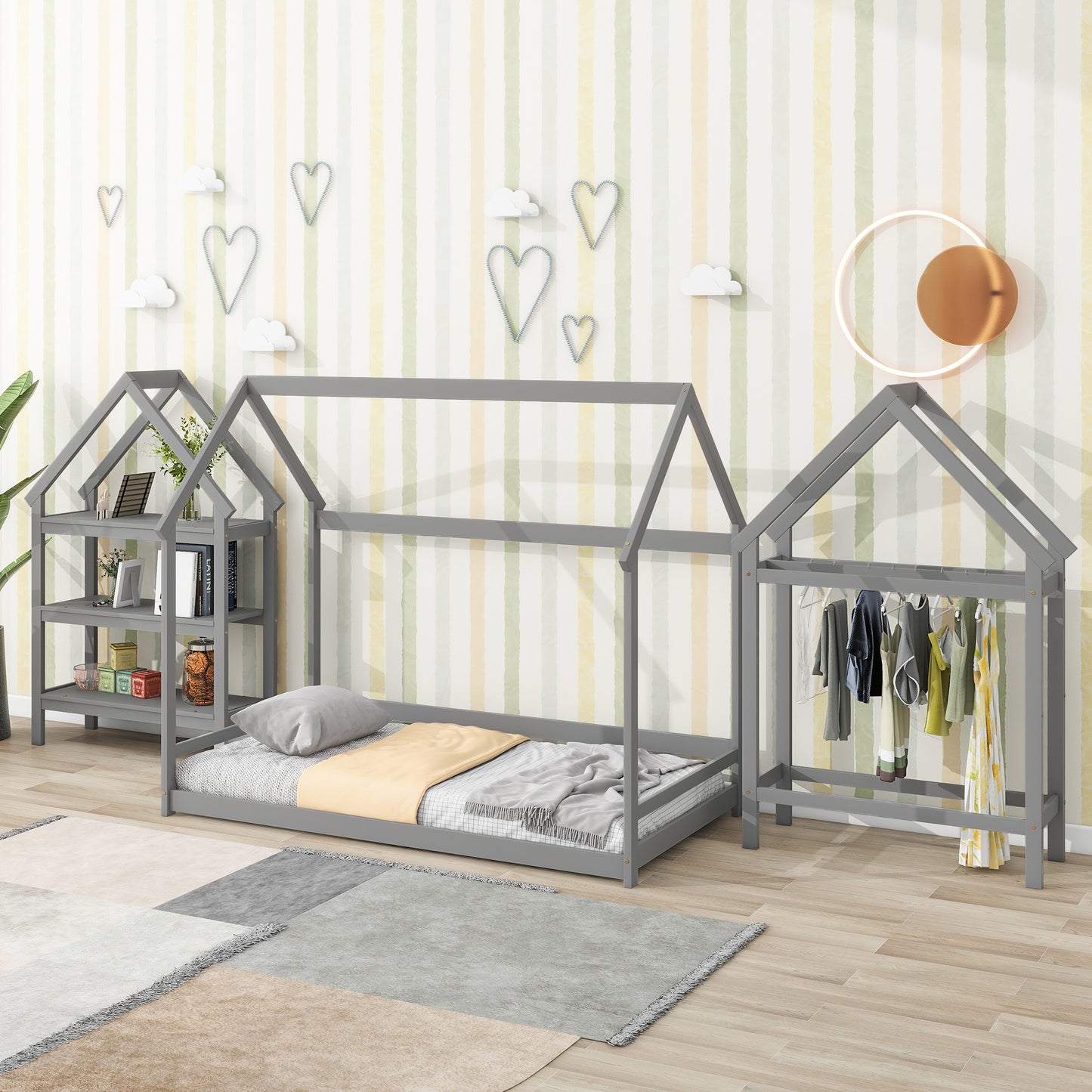 Twin House-Shaped Floor Bed with 2 Detachable Stands,Grey