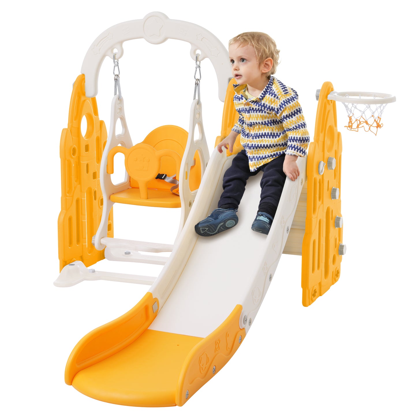 4 in 1 Toddler Playground Climber Slide and Swing Set with Basketball Hoop