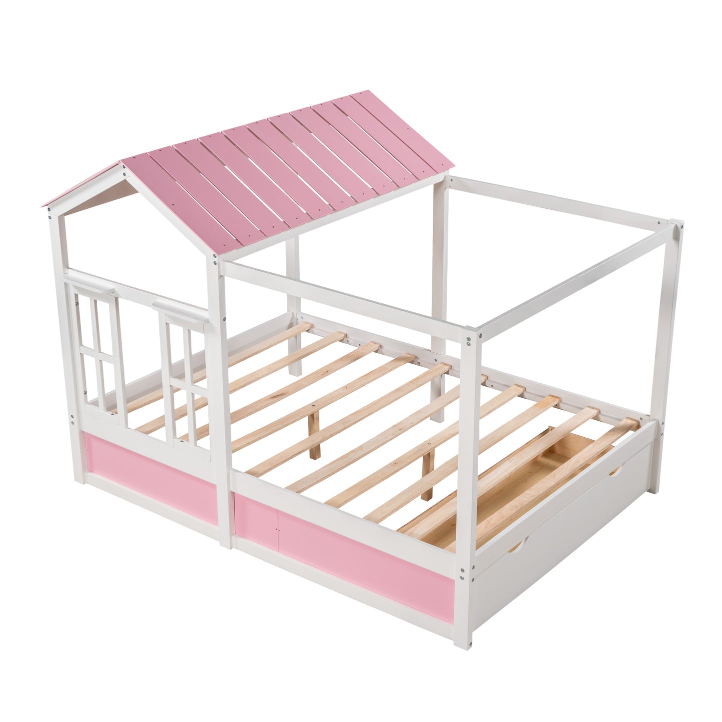 Full Size House Bed with Roof, Window and Drawer - Pink + White