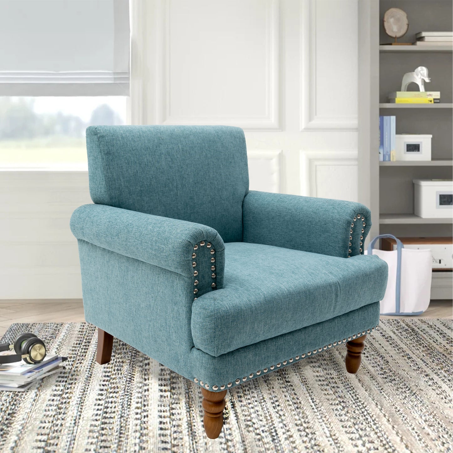 Cotton Accent Chair Mid-Century Modern Living Room Armchair with Nailhead Trim & Wood Legs Comfy Upholstered Single Sofa Chair for Lounge/Bedroom/Reception  Blue