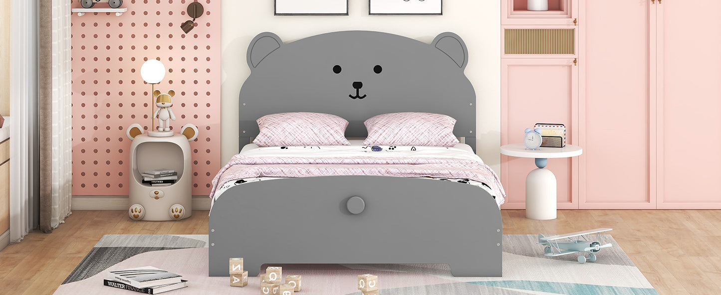 Full Size Wood Platform Bed with Bear-shaped Headboard and Footboard,Gray