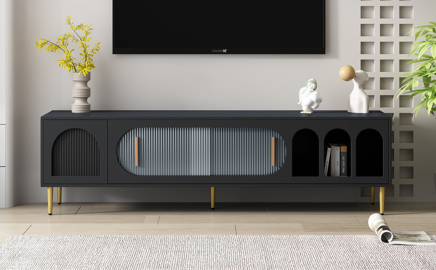 Elegant TV Console with Golden Accents for 80'' TV, Modern Media Stand with Storage Cabinet and Cable Management