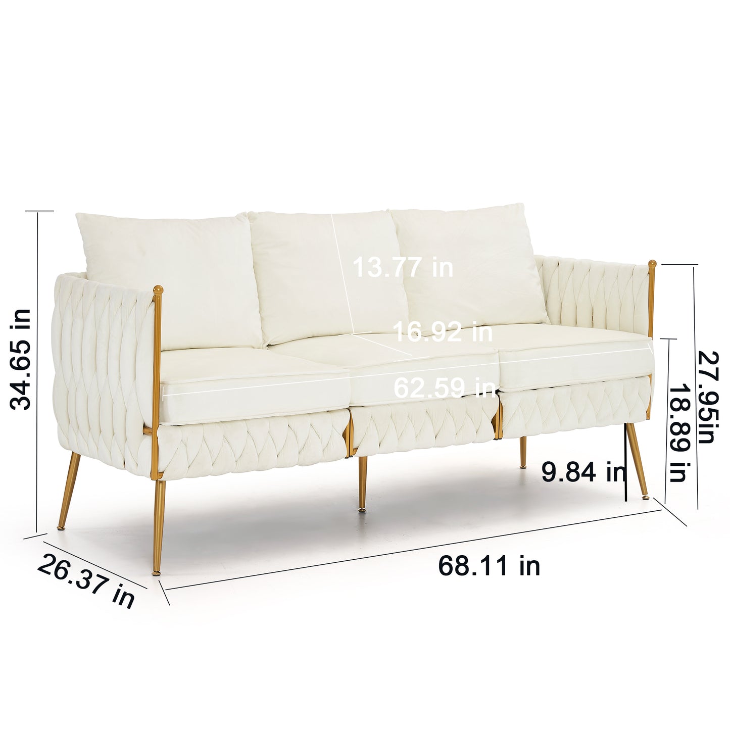 Luxurious 3-Piece Cream White Velvet Living Room Set with Hand-Woven Tufted Back and Golden Metal Legs