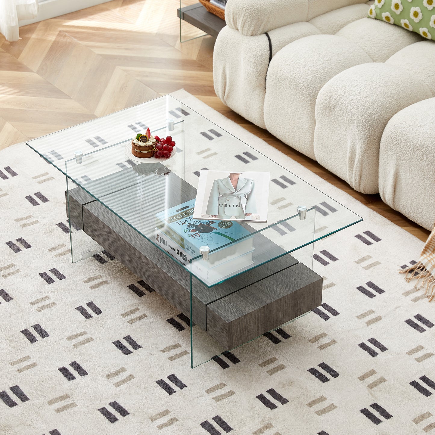 Modern Gray and Transparent Tempered Glass Coffee Table with Storage功能 and Non-Slip Legs