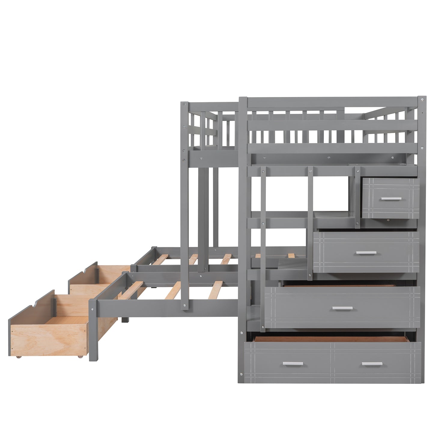 Triple Bunk Bed with Storage Drawers - Space-Saving Gray Design