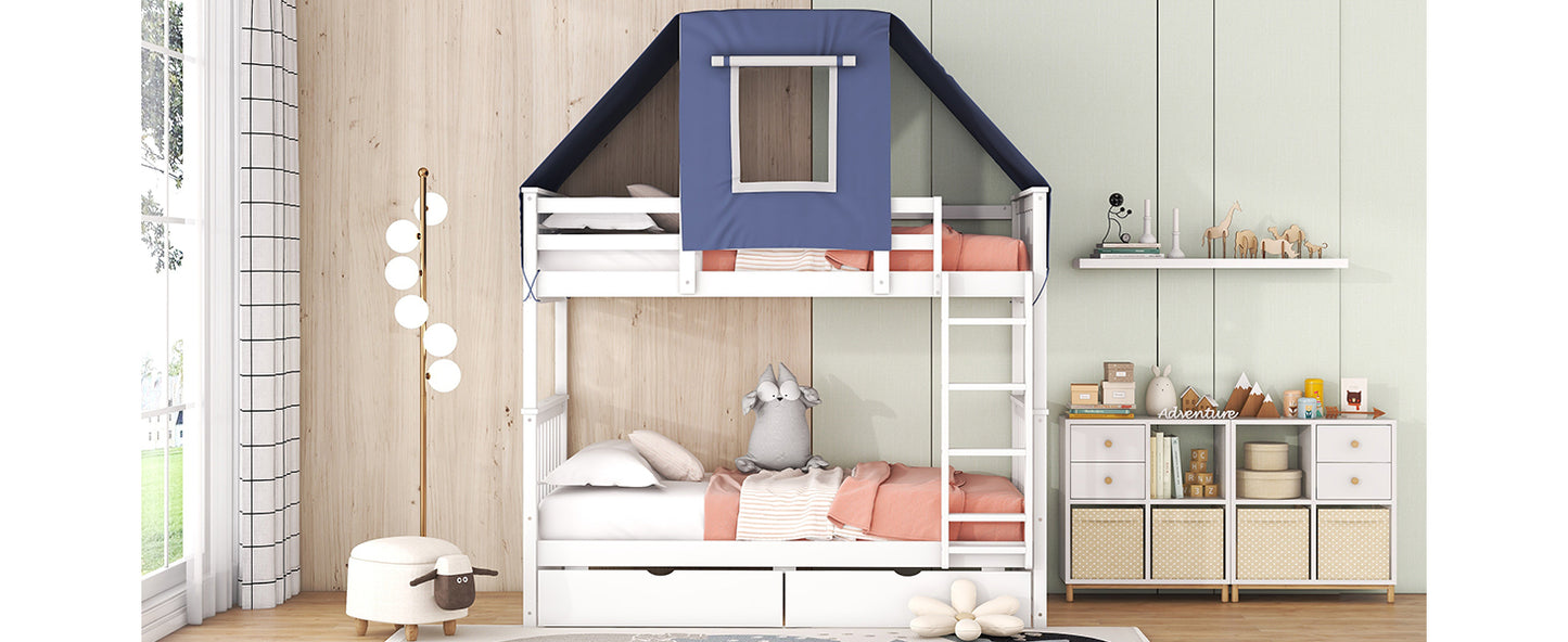 House-Shaped Twin Bunk Bed with Tent, Drawers, White & Blue