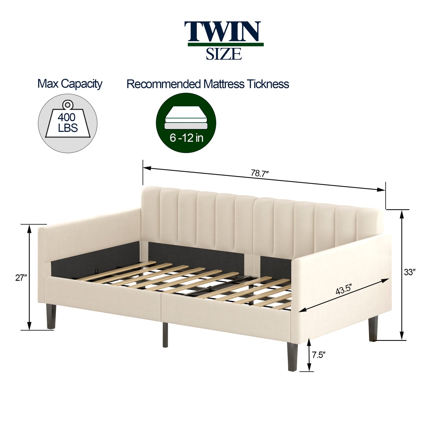 Elena Twin Size Beige Velvet Upholstered Daybed, Ribbed Tufted Backrest, Daybed in Lavish Modern Design, Richly Hued Foam Comfort