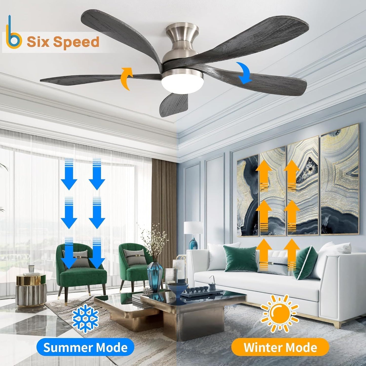 52 Inch Reversible Ceiling Fan with Modern Wooden Blades and Quiet DC Motor