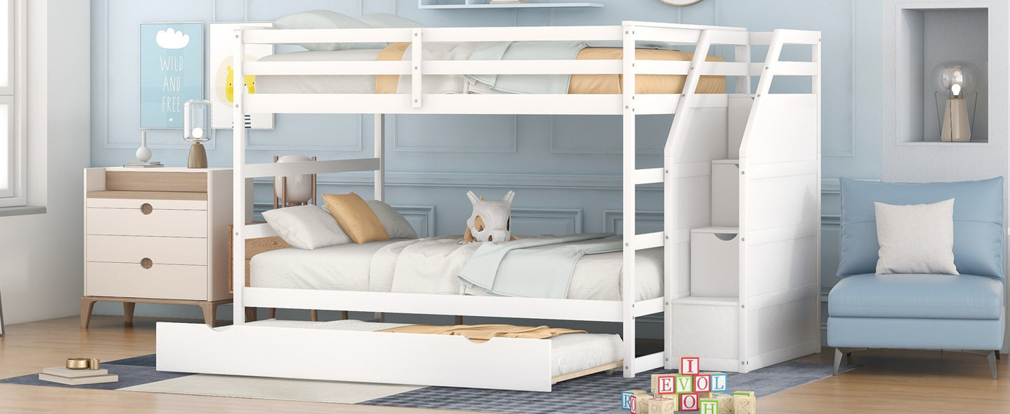 Elegant Full Bunk Bed with Trundle and Storage Stairs, White