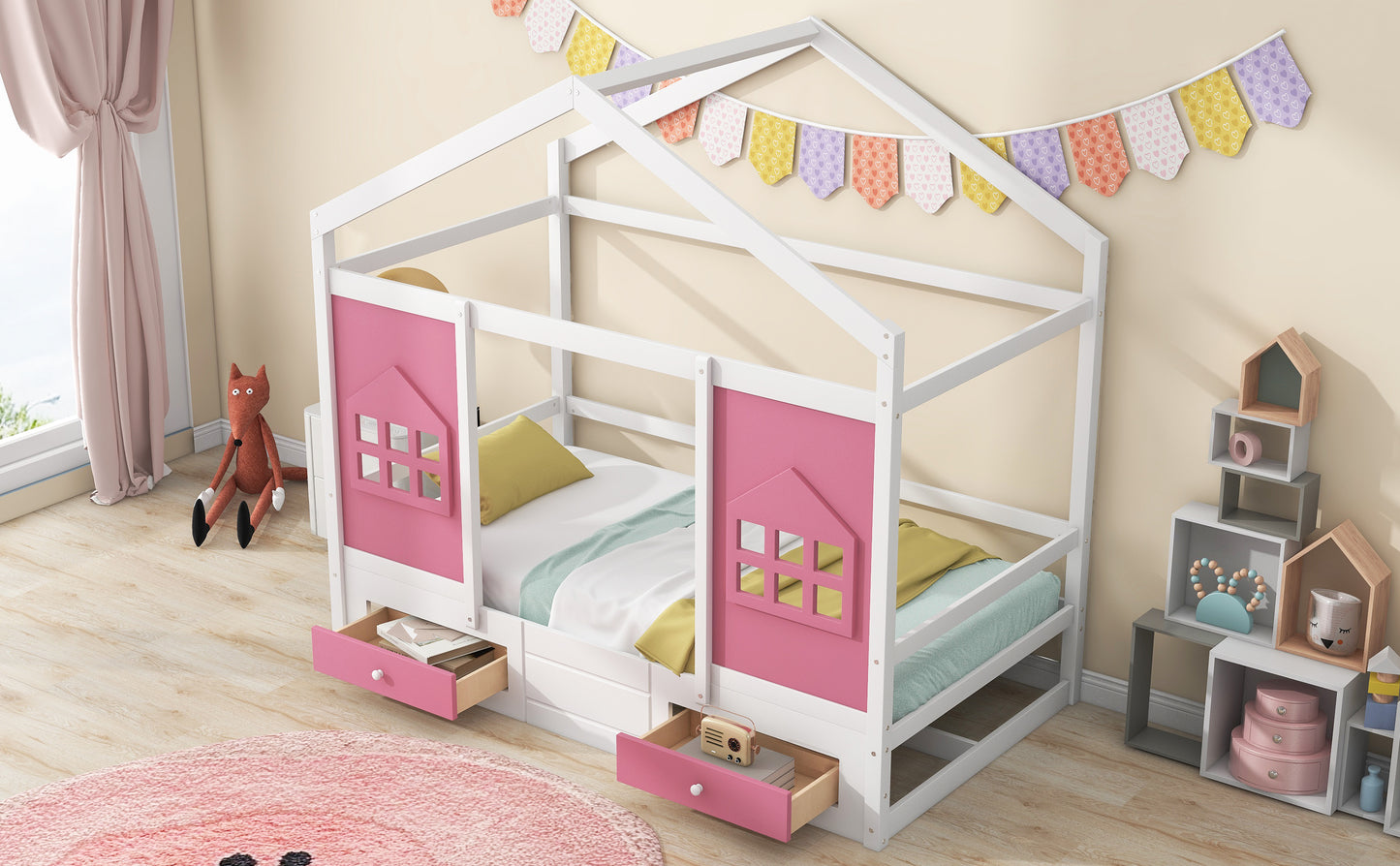 Twin Size Wood House Bed with 2 Drawers and Window Decoration, White+Pink