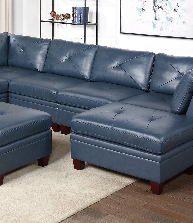 Ink Blue Genuine Leather Tufted 8-Piece Sectional Set with Ottoman and Plush Couch