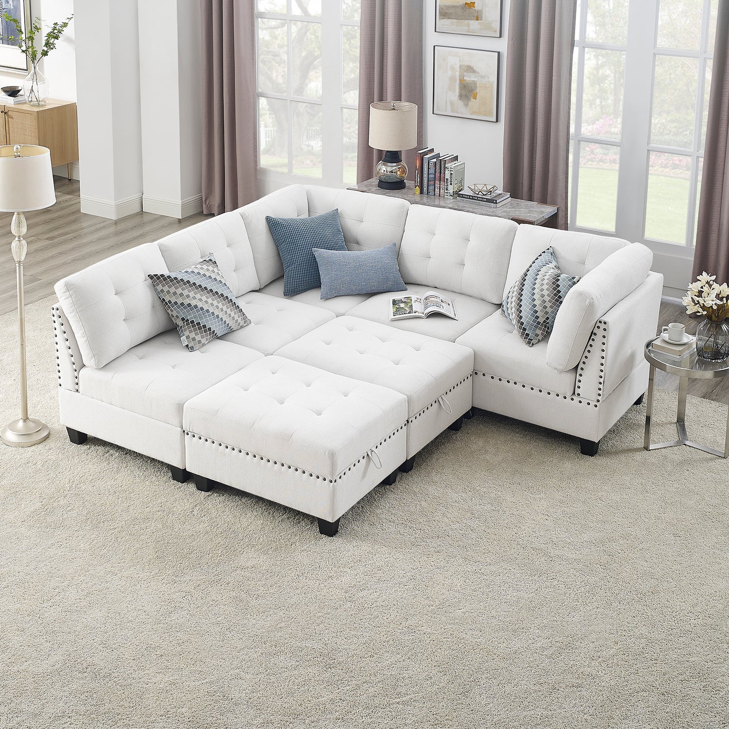 L-shaped Ivory Chenille DIY Modular Sectional Sofa