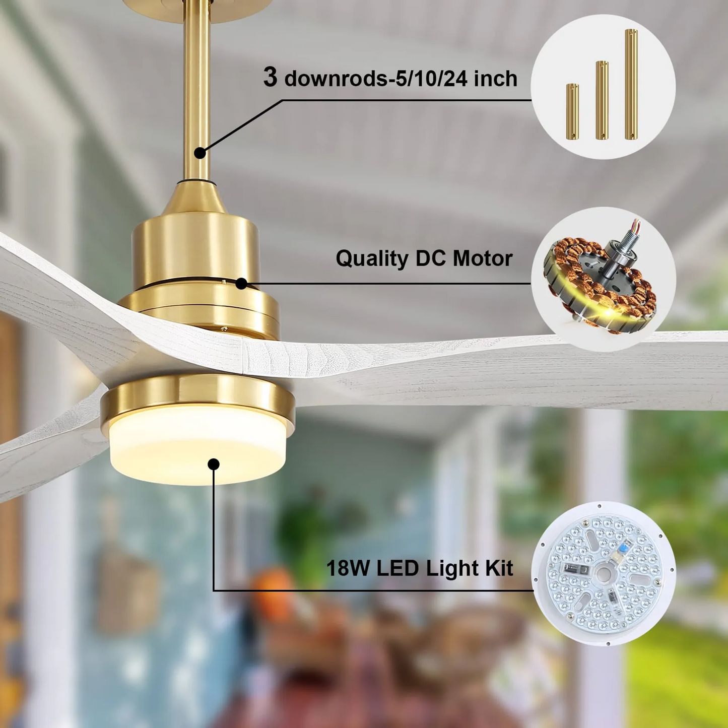 52-Inch Gold Indoor Ceiling Fan With LED Light and Remote Control