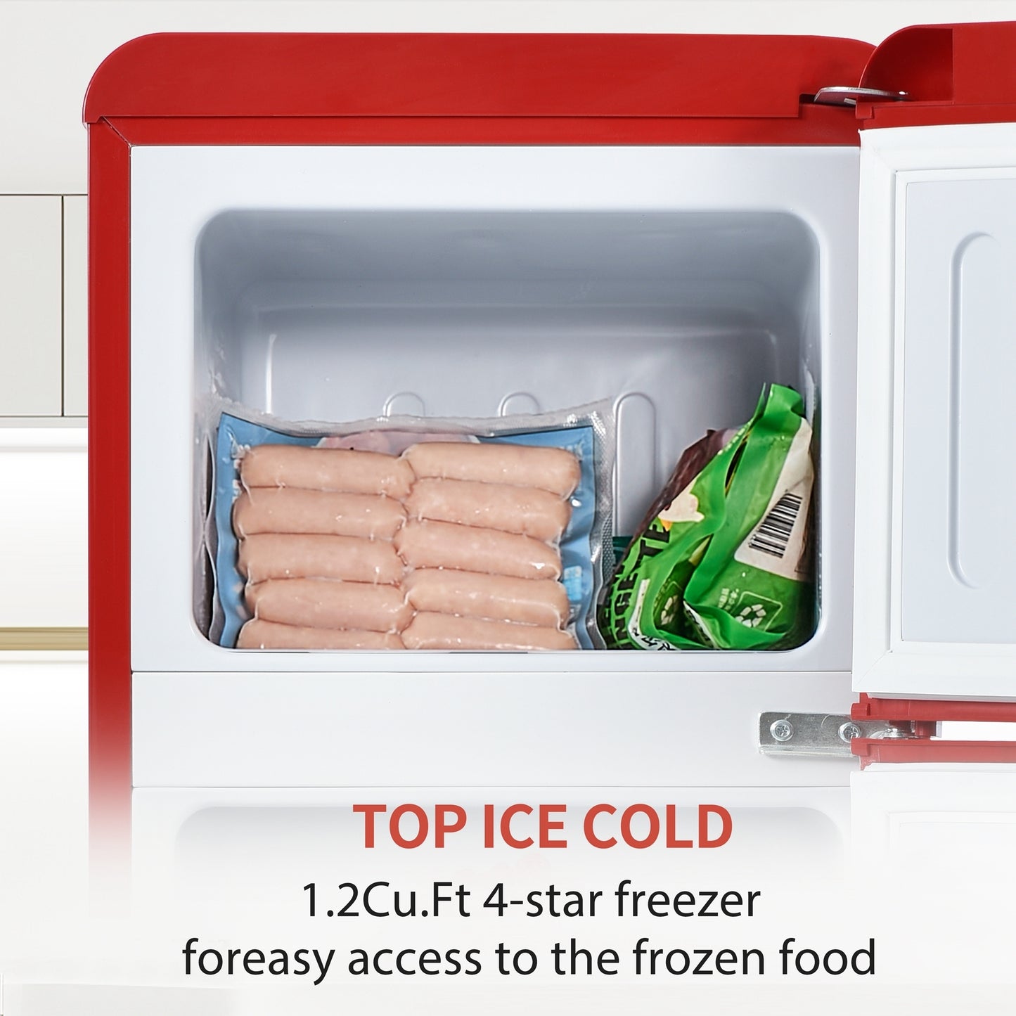 Compact Dual Zone Refrigerator with 3.3 Cu.Ft Fridge + 1.2 Cu.Ft 4-Star Freezer, 7 Temperature Settings, 45 dB, Red, Silver Handles, LED Lighting, Adjustable Shelves